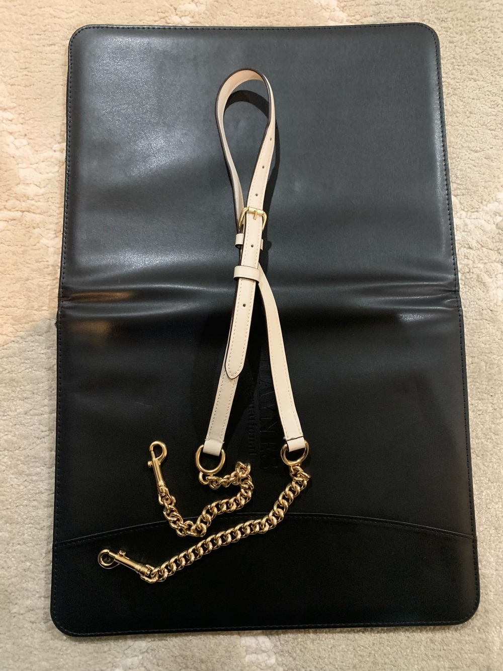 Leather Crossbody Strap with Cream Leather and Gold Chain Accents